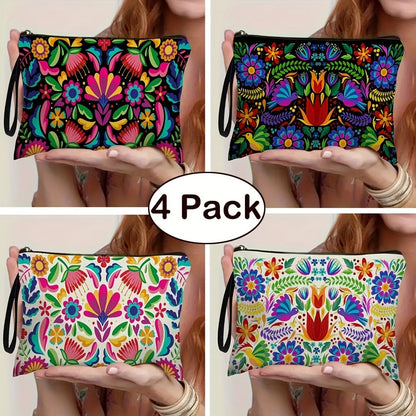 Makeup Bag Four-Piece Zipper Pouch Set in Floral or Animal Prints for Travel, Vanity and Everyday Beauty Storage