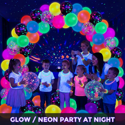 UV Neon Balloon Party Supplies Set with 42 12-Inch Star-Print Balloons for Blacklight Decor