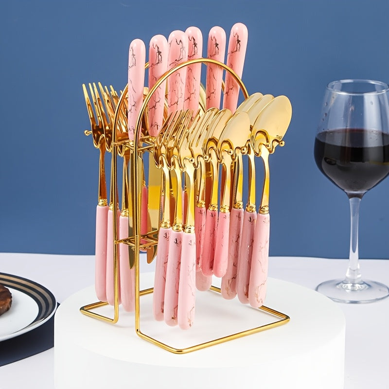 Marble Pattern Cutlery Set 24pcs – Dinner Forks Soup Spoons Teaspoons for Home Hotel Restaurant
