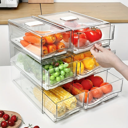Stackable Fridge Organizer Bins with Drawer, Refrigerator Storage Containers with Drain Board & Ventilation