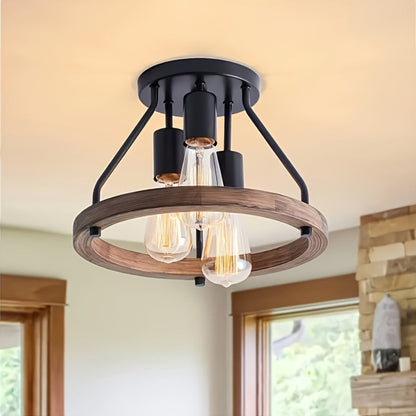 Farmhouse Semi Flush Ceiling Light 3-Bulb Wood & Metal - Rustic Industrial Ceiling Lamp for Home Cooking, Dining and Outdoor Meals