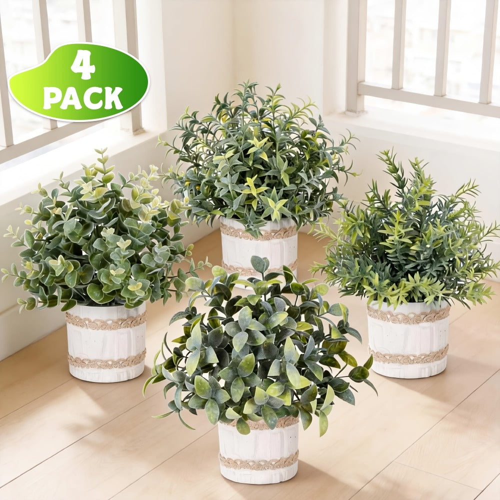 Mini Artificial Potted Plants 4 Pack, Realistic Fake Greenery in White Pots for Home, Office & Party Decor
