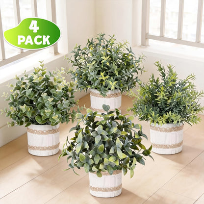 Mini Artificial Potted Plants 4 Pack, Realistic Fake Greenery in White Pots for Home, Office & Party Decor