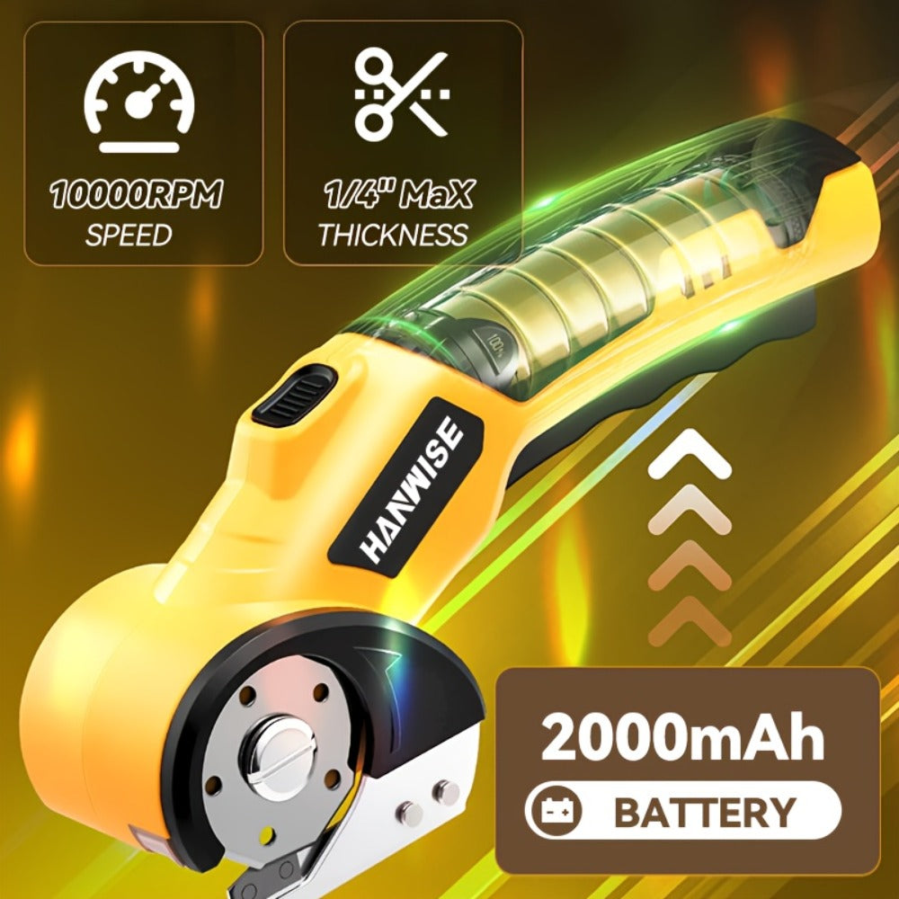 Electric Scissors Cordless 4.2V Rotary Cutter with 2000mAh Battery, 10000 RPM, Safety Lock, LED Light