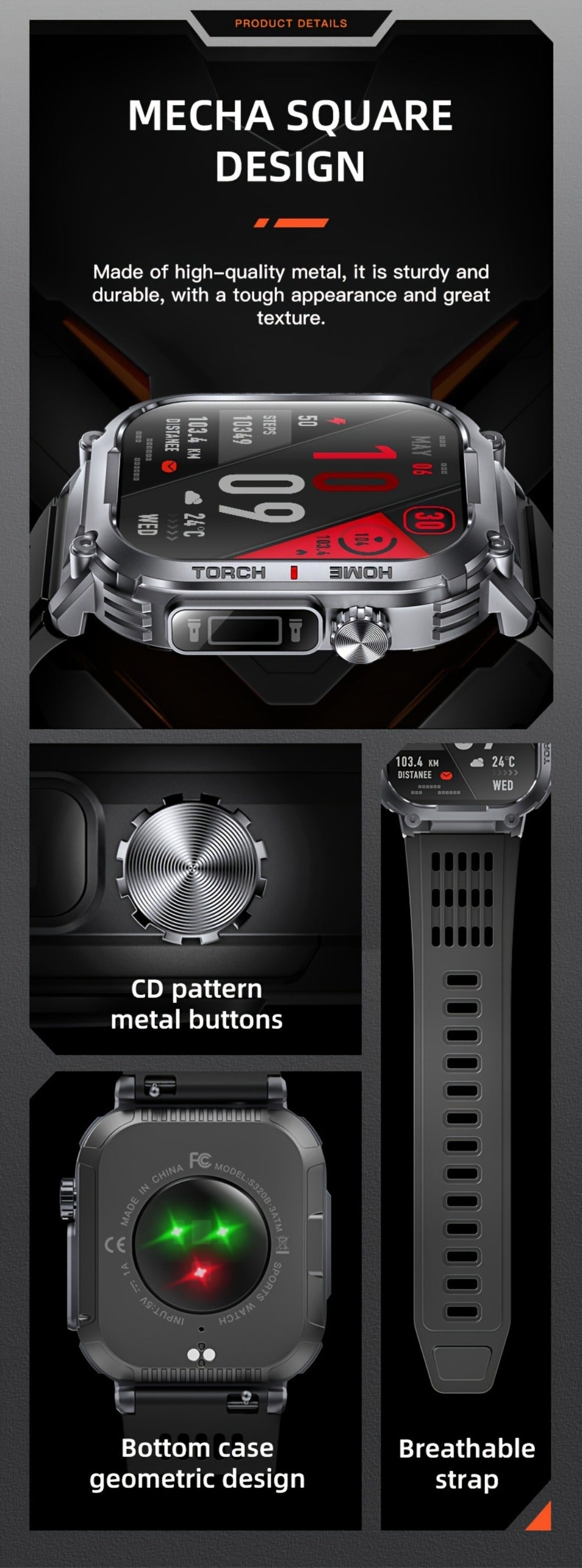 Smart Watch 2.02-Inch Rugged TFT Display with 500mAh Battery, LED Flashlight and Wireless Calling