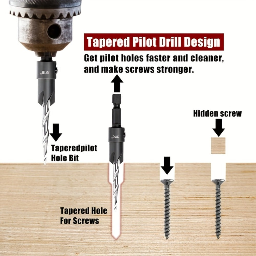 5pcs Countersink Drill Bit Set #4 #6 #8 #10 #12 Tapered with 1/4" Hex Shank Quick-Change for Entryways, Bedrooms and Living Spaces