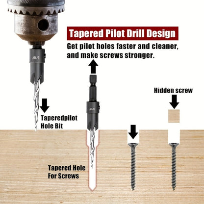 5pcs Countersink Drill Bit Set #4 #6 #8 #10 #12 Tapered with 1/4" Hex Shank Quick-Change for Entryways, Bedrooms and Living Spaces