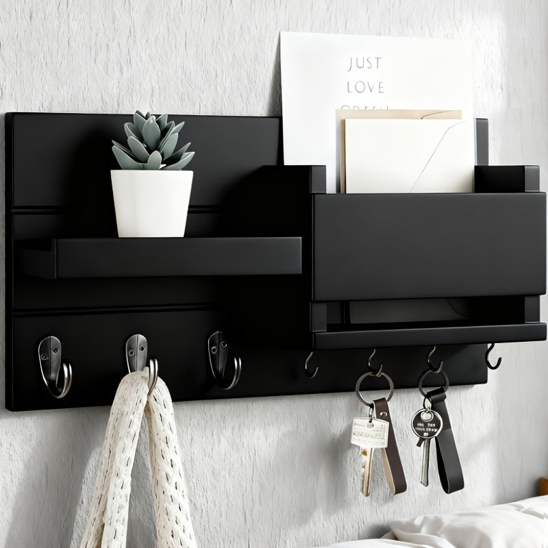 Wall Mounted Storage Rack with Mail Slot – Rustic Wood Floating Shelf with Hooks for Keys, Hats & Envelopes