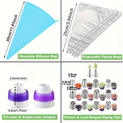 Russian Piping Nozzle Set 121pcs, 12 Flower Icing Tips, 2 Leaf Piping Tips, 2 Couplers and 100 Piping Bags