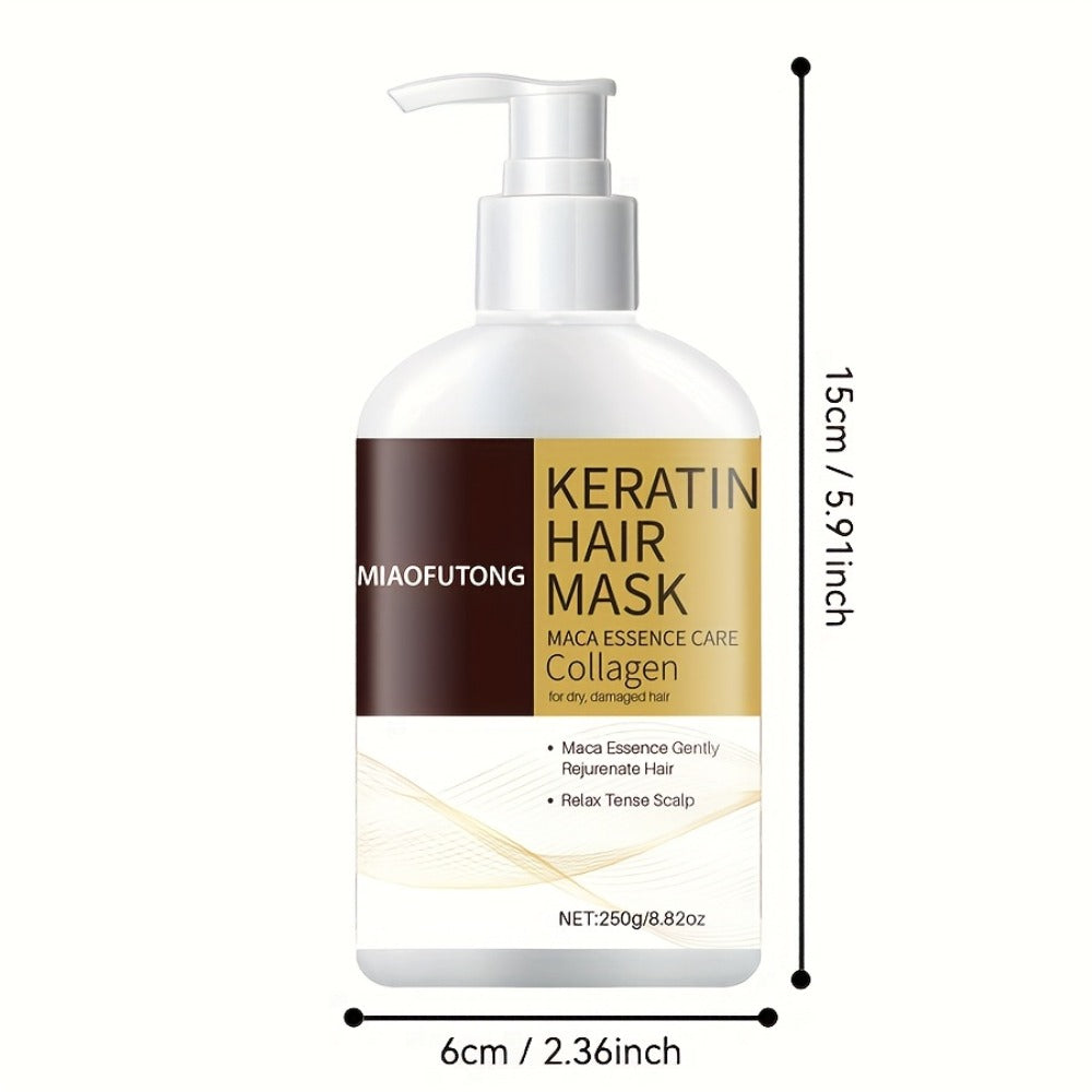 250g Keratin and Collagen Hair Mask in Pump Bottle with Argan, Castor and Rosemary Oils Named on Label