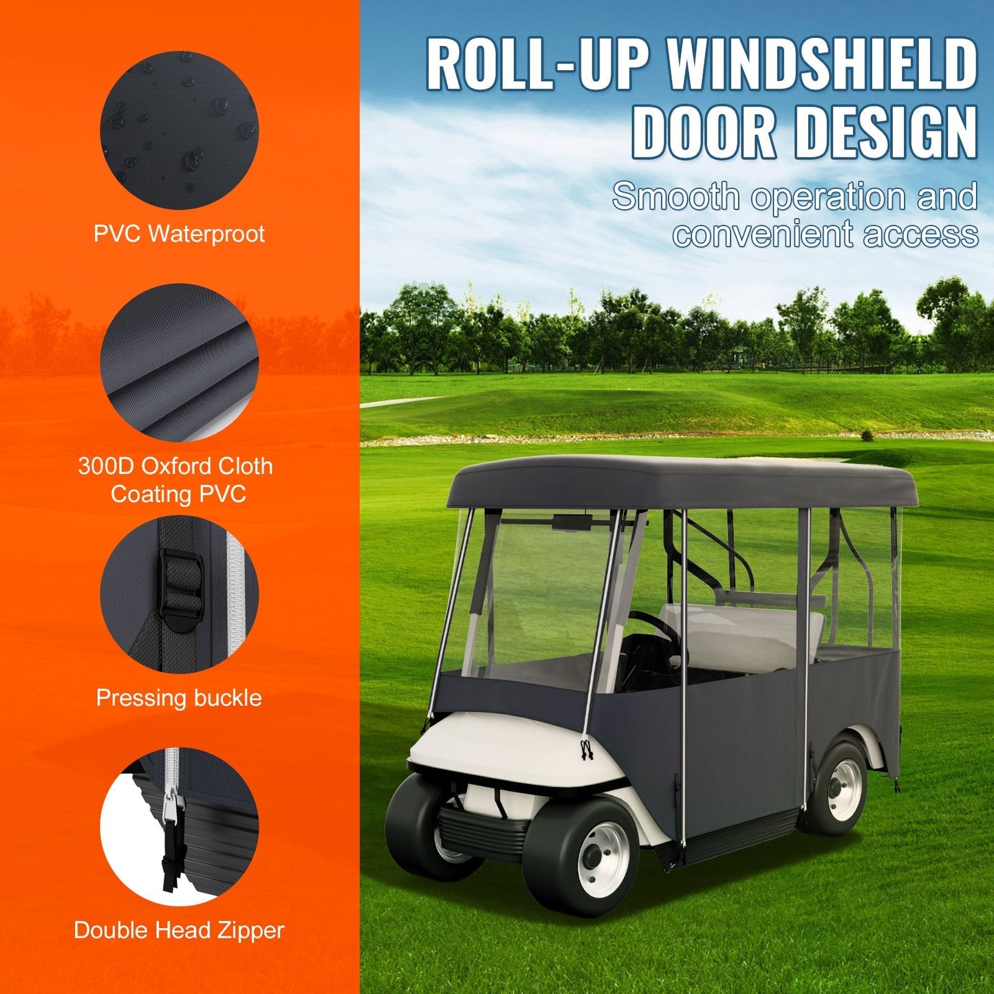 Golf Cart Enclosure 4-Person 300D Waterproof Driving Cover 4-Sided with Transparent PVC Windows Zippered Doors UV-Resistant All-Weather Golf