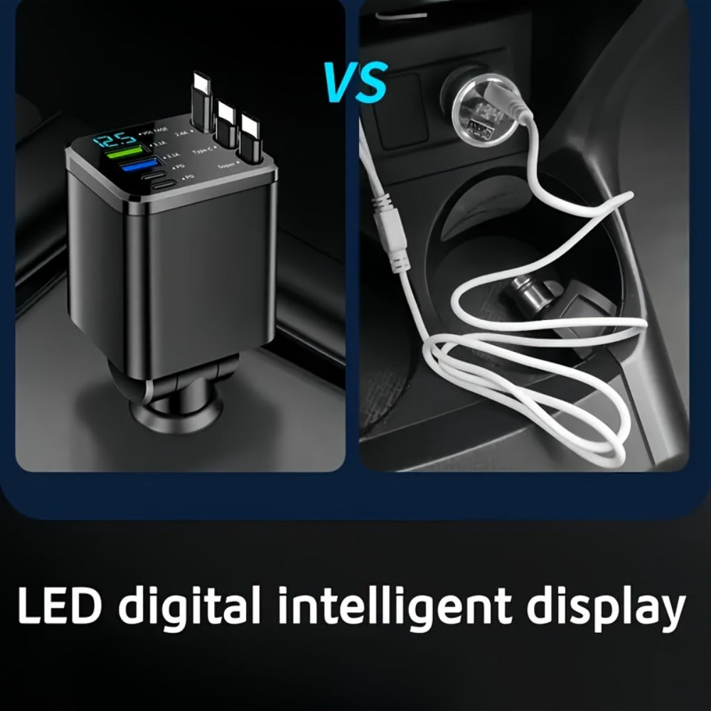 7-in-1 Car Fast Charger with 3 Retractable Cables, LED Digital Display, 180° Adjustable Arm, Universal Plug