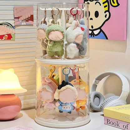 LABUBU Display Case 360 Rotating Acrylic Box with Dust Cover – Plush Toy Figure Storage Case Multi-Layer Hanging Rack for Collectible