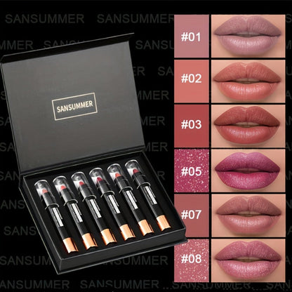 Lipstick Set, SANSUMMER 6-Piece Matte Velvet Crayon Collection in a Black Presentation Gift Box