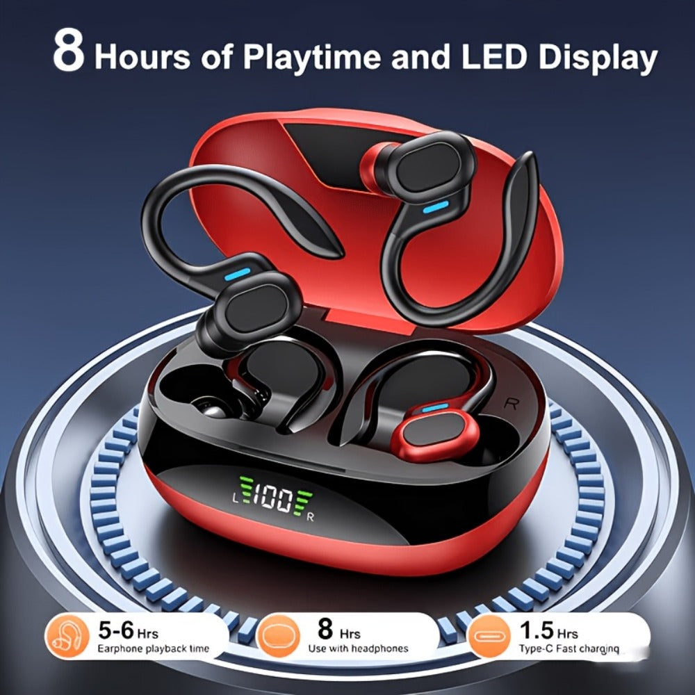Earhook Open-Ear Sports Earbuds Bluetooth 5.4 LED Digital Display Charging Case 8H Playback for an Everyday Personal Care Routine