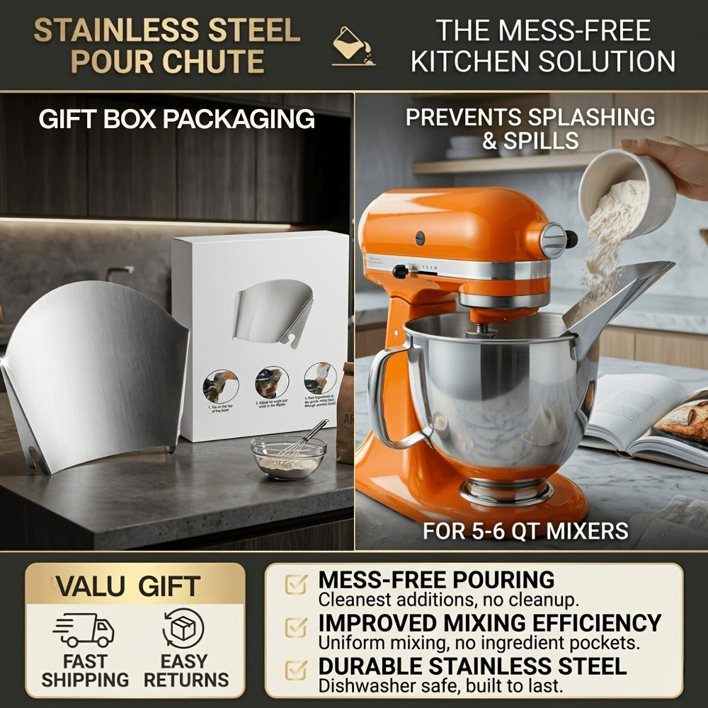 KitchenAid Pouring Chute Stainless Steel Stand Mixer Attachment – Universal Funnel Shield for Tilt-Head & Bowl-Lift 4.5-8 Qt