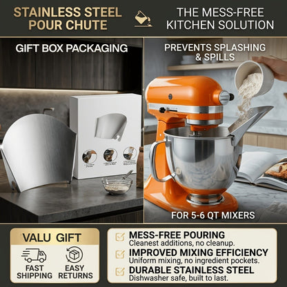 KitchenAid Pouring Chute Stainless Steel Stand Mixer Attachment – Universal Funnel Shield for Tilt-Head & Bowl-Lift 4.5-8 Qt