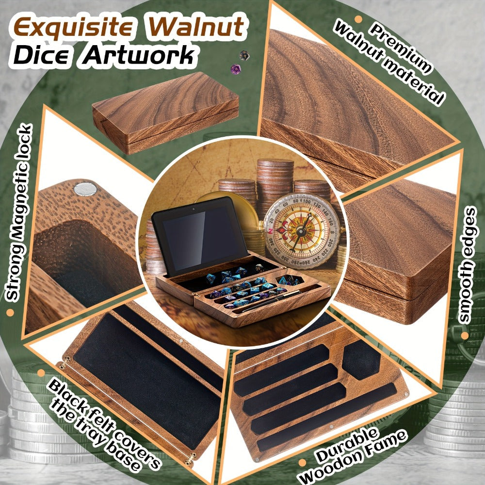 Walnut Dice Box & Rolling Tray 4.8x9 Inch Handmade – Magnetic Flip Lid, Dice Storage, Phone & Tablet Stand for Tabletop RPG Board Games