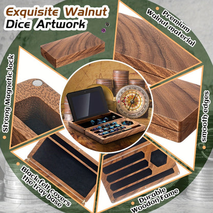 Walnut Dice Box & Rolling Tray 4.8x9 Inch Handmade – Magnetic Flip Lid, Dice Storage, Phone & Tablet Stand for Tabletop RPG Board Games