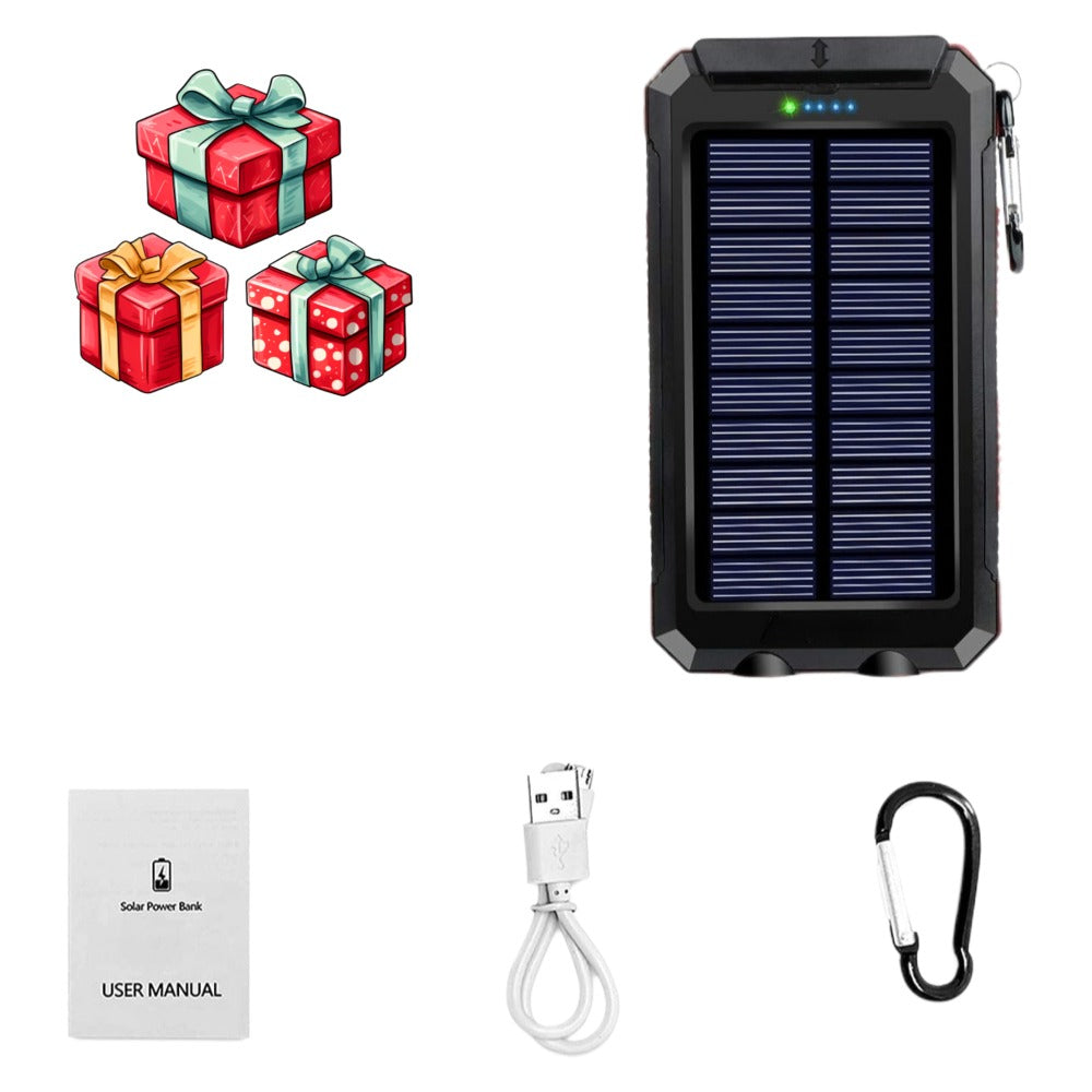 Solar Power Bank 20000mAh Outdoor Portable Charger with LED Flashlight SOS Compass & Carabiner Hook