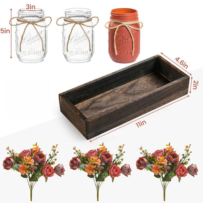 Mason Jar Centerpiece Table Decorations with Wood Tray & LED Lights, 3-Piece Farmhouse Decor Set for Dining Room