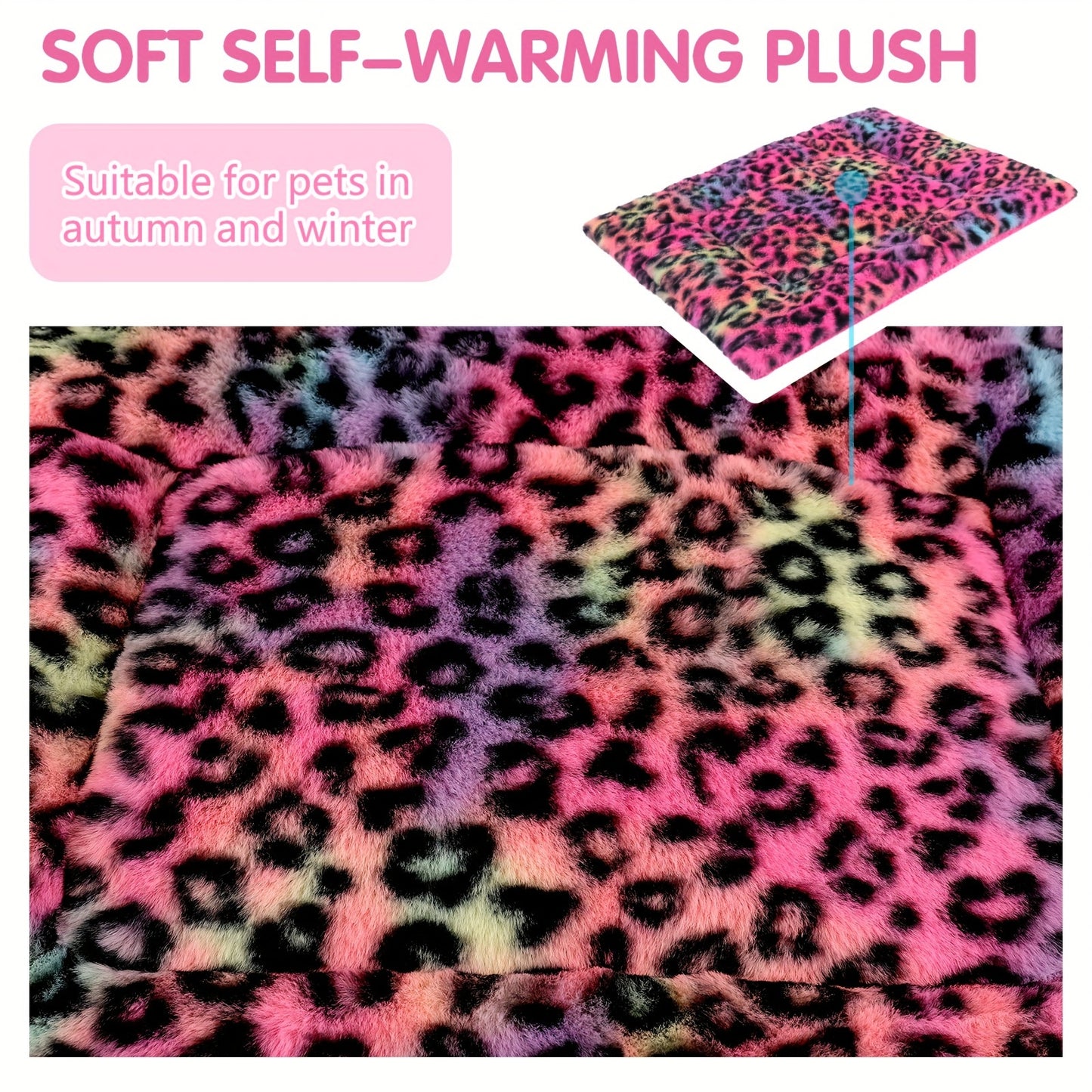 Reversible Plush Pet Mat Leopard Print Fleece Soft Warm Dog Cat Bed Pad Anti-Slip Machine Washable for Crate Car Sofa Floor