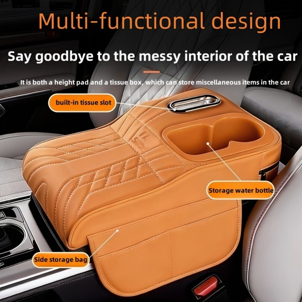 Center Console Tray Organizer with Cup Holder, Tissue Slot and Six Color Options in Black, Orange, Red, Brown or Beige