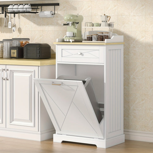 Storage Cabinet 12-Gallon Tilt-Out Trash Bin Enclosure with Top Drawer and Two Color Options