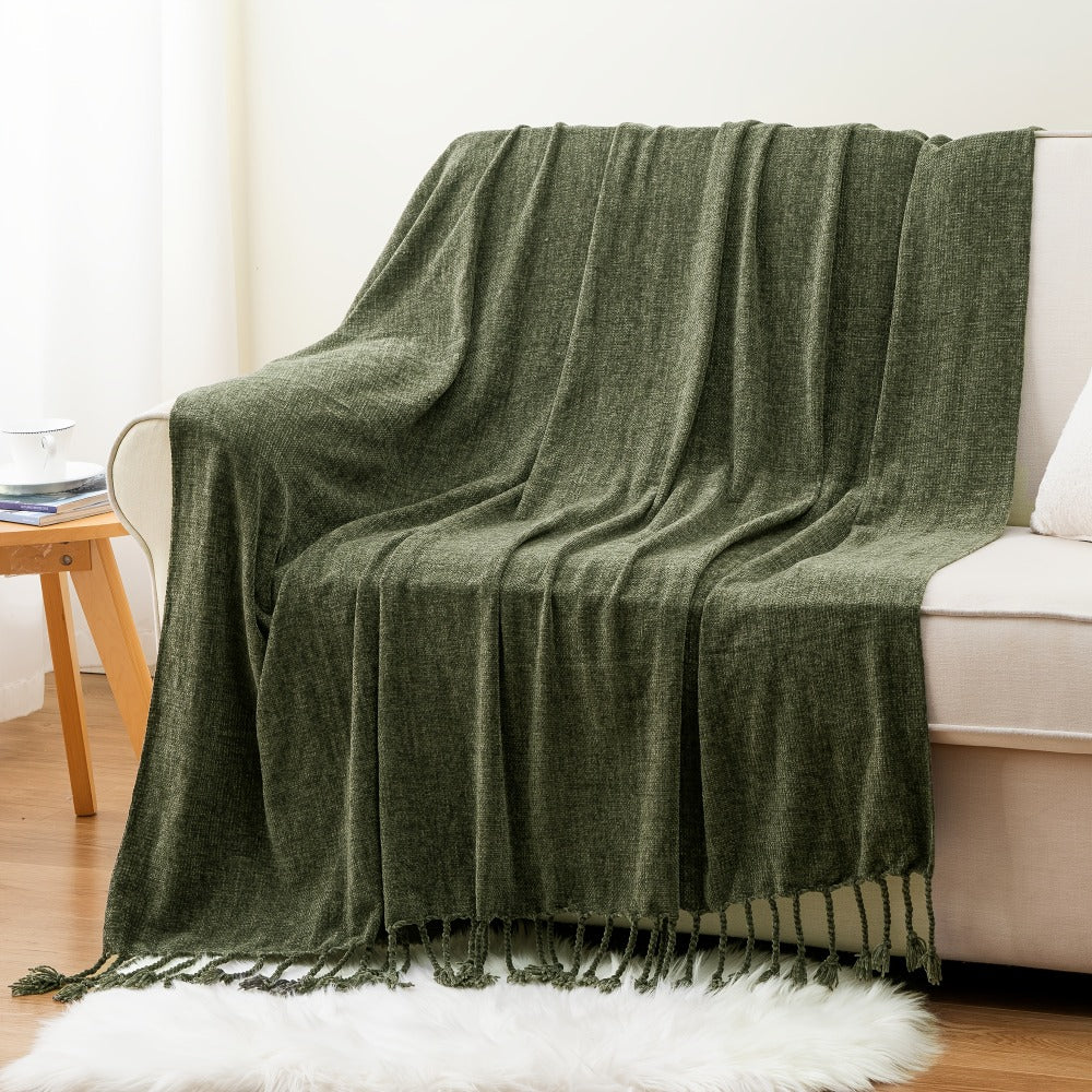 Chenille Fringe Throw Blanket, 180-200gsm Velvety Decorative Throw for Sofa & Couch, Home Decor, 50”×60”