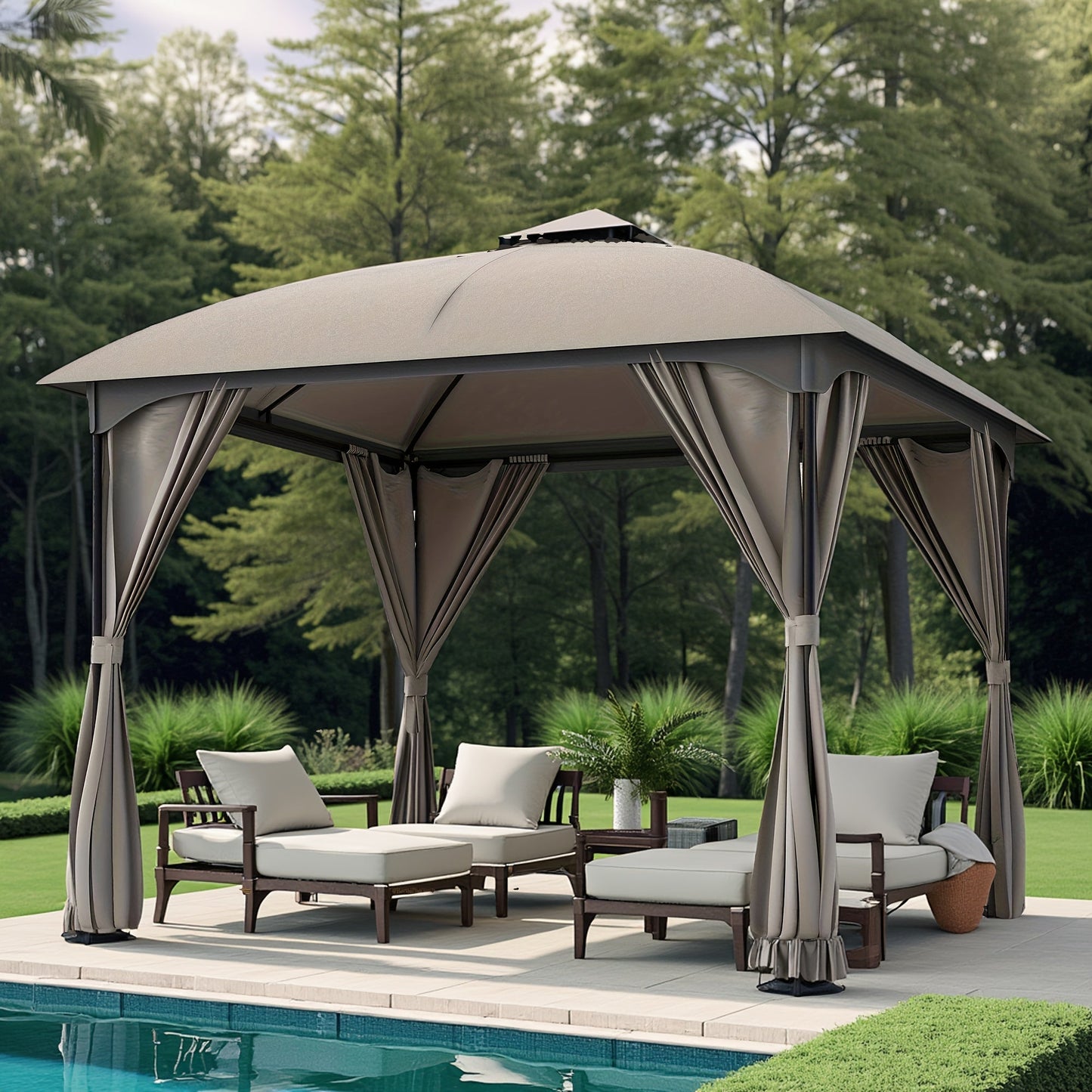 Gazebo Canopy Tent 10x10ft Arch Double Roof Mosquito Net Curtains for Garden, Yard and Pest Management