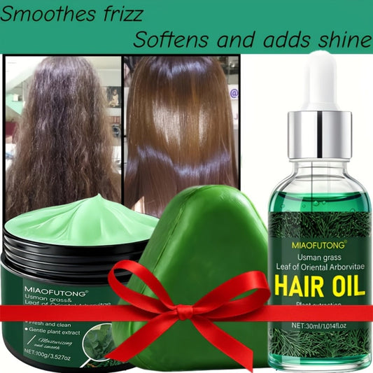 Three-Piece Usman Grass Hair Care Kit with 120g Triangular Shampoo Bar, Oil and Mask Formats