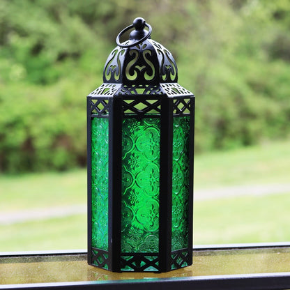 Moroccan Candle Lantern Holder - Decorative Metal & Glass Lantern with Embossed Floral Design for Indoor Home Decor