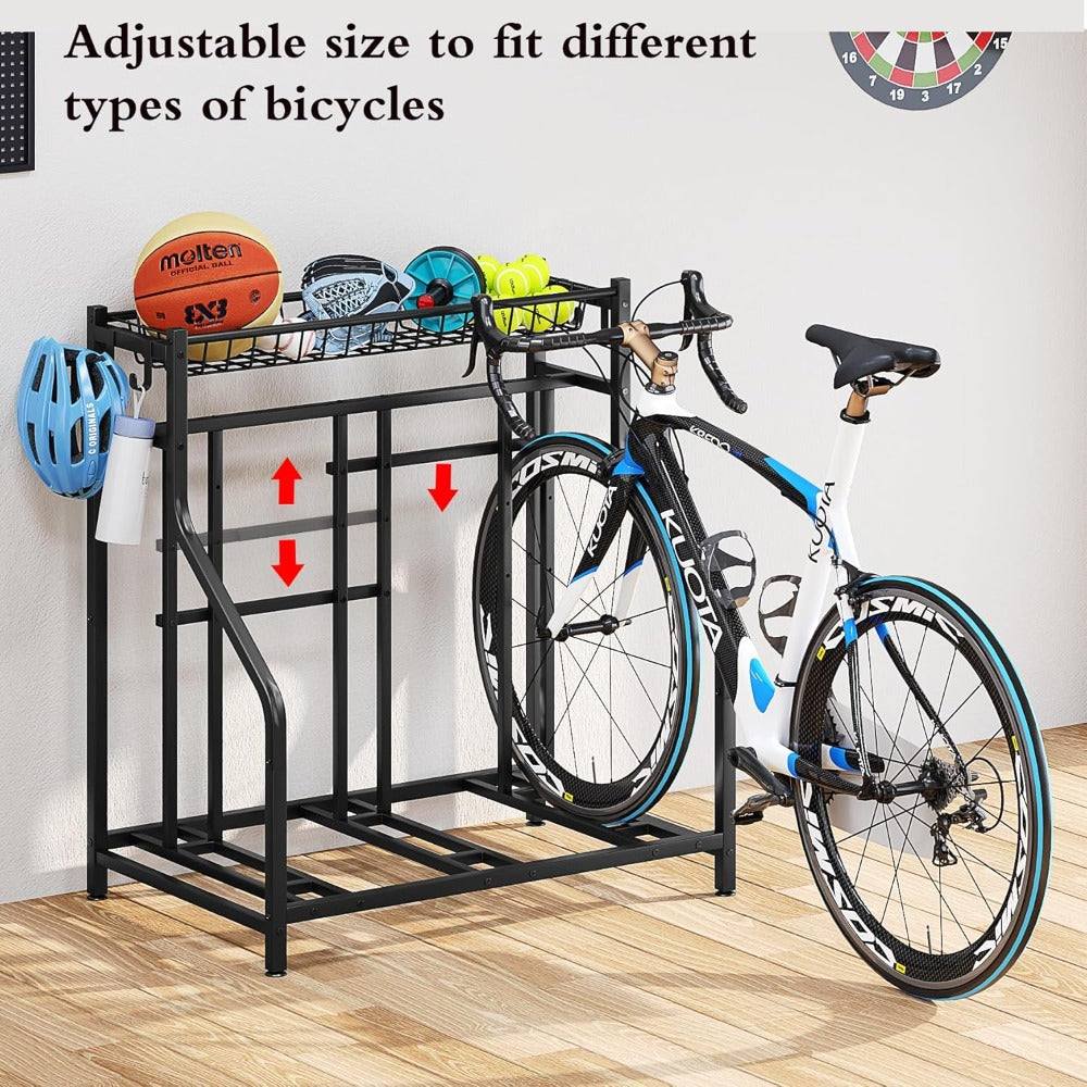 Freestanding Bike Storage Stand with Basket & Hooks, Adjustable Floor Rack for 3-4 Bikes, Indoor Outdoor Garage Organizer