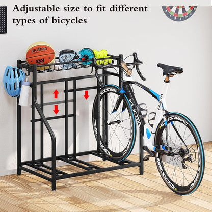 Freestanding Bike Storage Stand with Basket & Hooks, Adjustable Floor Rack for 3-4 Bikes, Indoor Outdoor Garage Organizer