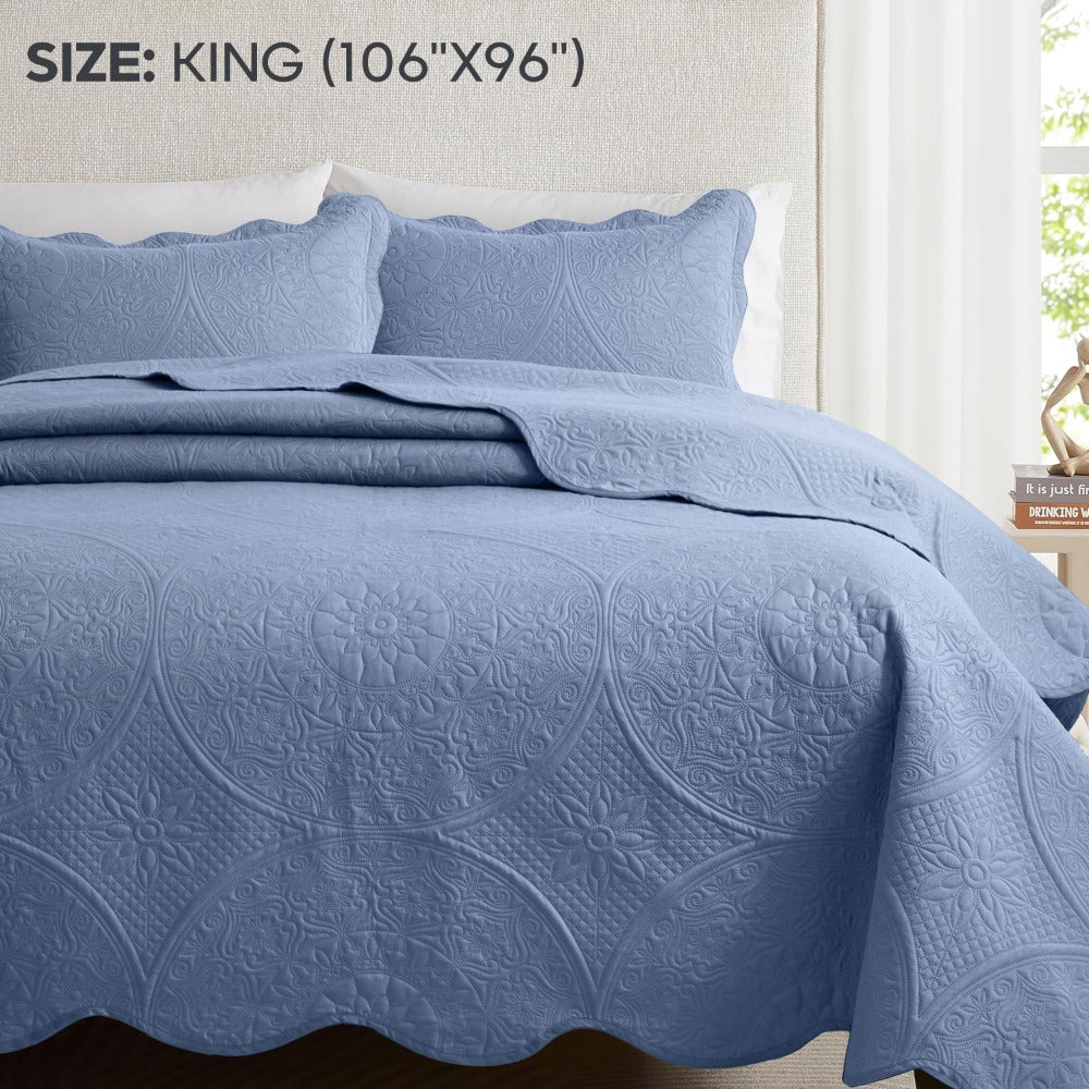 Floral-Pattern Three-Piece Bedspread Set in 16 Colors with Twin, Queen, King and California King Sizes