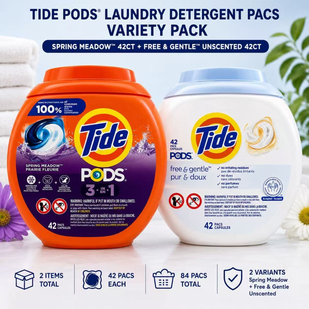 Tide Pods Laundry Detergent Pacs Bundle 84ct - Fresh Meadows 42ct + Free & Gentle 42ct, 3-in-1 Formula Stain Remover Color Protector