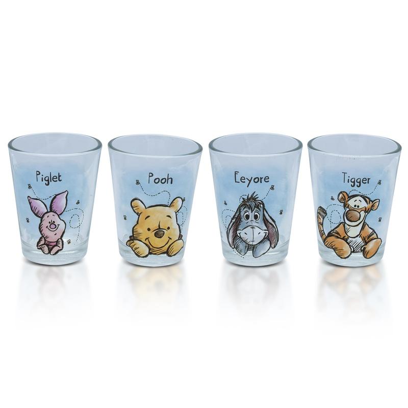 Mini Shot Glass Drinkware Set, Four 2oz Disney Winnie the Pooh Character Cups with Pooh, Piglet, Eeyore and Tigger Art