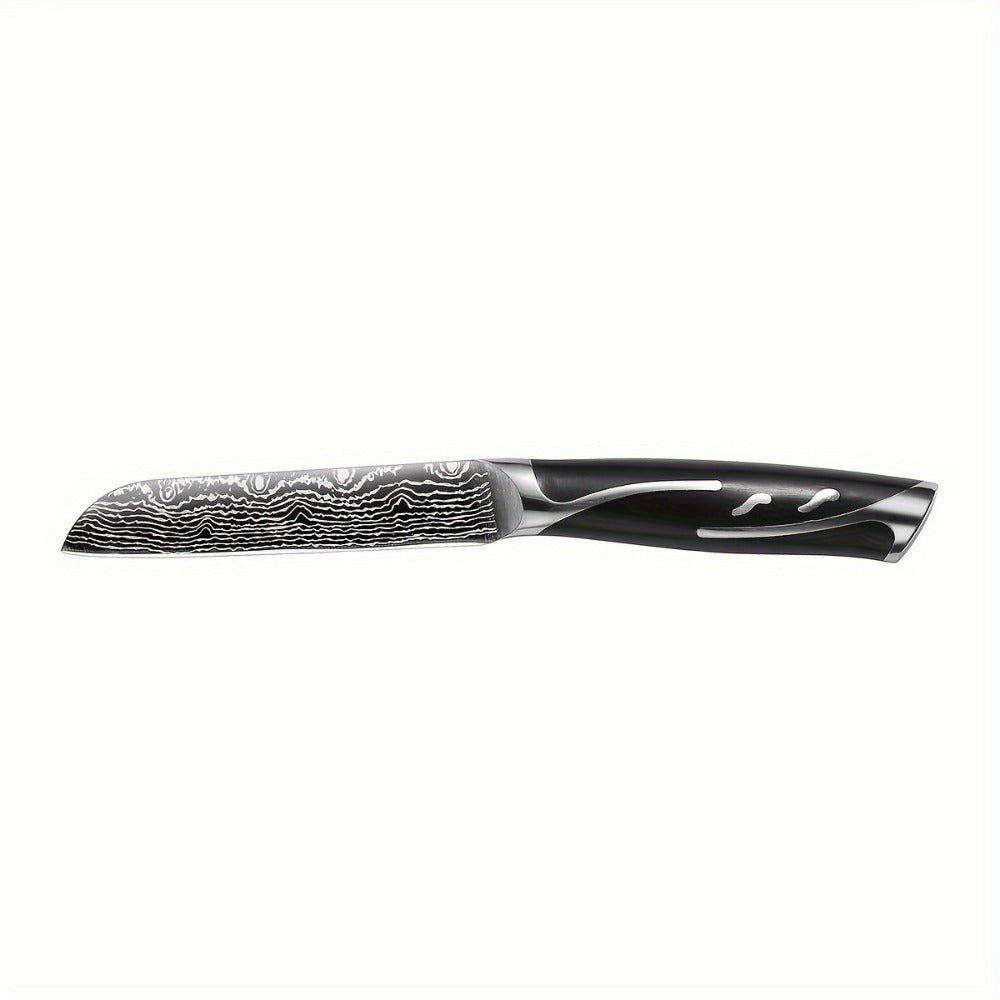 Kitchen Knife Set 7-Piece Damascus-Pattern Stainless Steel with Four Knives, Shears, Honing Rod and Rotating Block