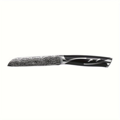 Kitchen Knife Set 7-Piece Damascus-Pattern Stainless Steel with Four Knives, Shears, Honing Rod and Rotating Block