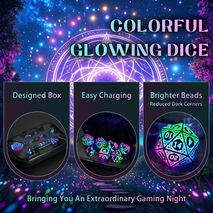 LED Dice Set 7pcs Wireless Rechargeable Light Up, Colorful Glowing Polyhedral Dice with Charging Box
