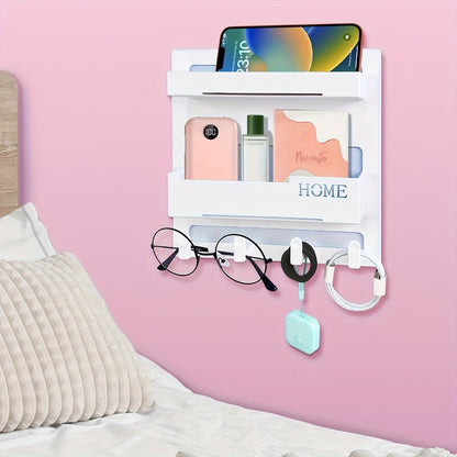 Self-Adhesive Bedside Wall Organizer Shelf with Dual Trays, Five Hooks and Black or White Finish