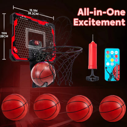 Indoor Basketball Hoop for Kids Over the Door, Light Up LED Scoreboard 4 Balls Air Pump 3 Game Modes 7 Light Shows