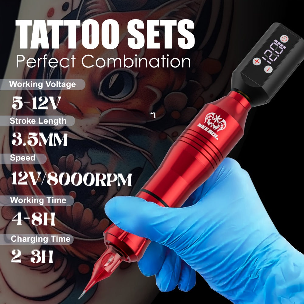 Tattoo Machine Kit Neebol Wireless Pen with Screen Display, 10 Cartridges, 7 Inks and Four Color or Pro Options