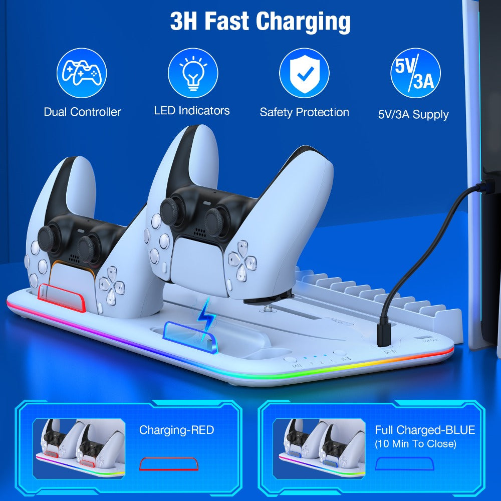 15-Game Storage PS5 Slim Stand with RGB Cooling Fan & Dual Controller Charging Station, Compatible with PS5 Slim Disc & Digital Edition