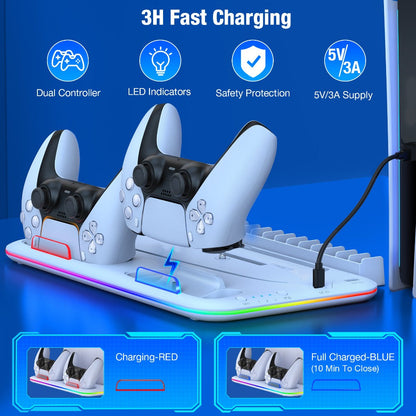 15-Game Storage PS5 Slim Stand with RGB Cooling Fan & Dual Controller Charging Station, Compatible with PS5 Slim Disc & Digital Edition