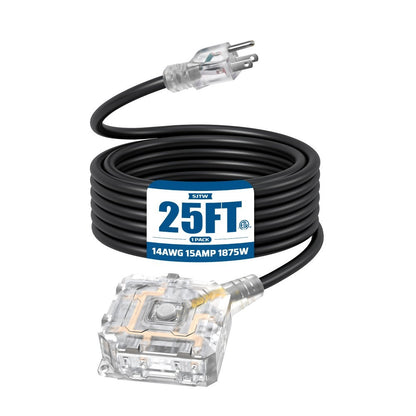 Extension Cord 25ft 6-Outlet SJTW 14AWG with Cover & On/Off Switch, Outdoor Indoor Power Strip Cord for Workshop