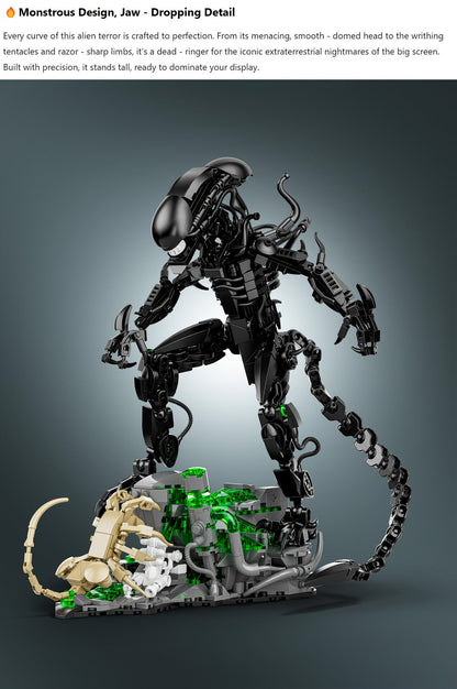 Building Block Set Alien Beast with 958 Pieces, Articulated Black Figure, Scene Base and Long Tail