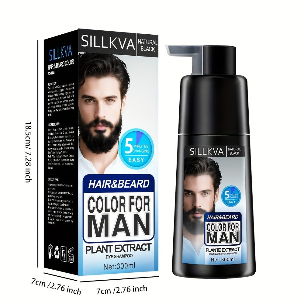 Men's 3-in-1 Black Hair & Beard Dye Shampoo, 8-Minute Gray Coverage, Ammonia-Free Natural Color
