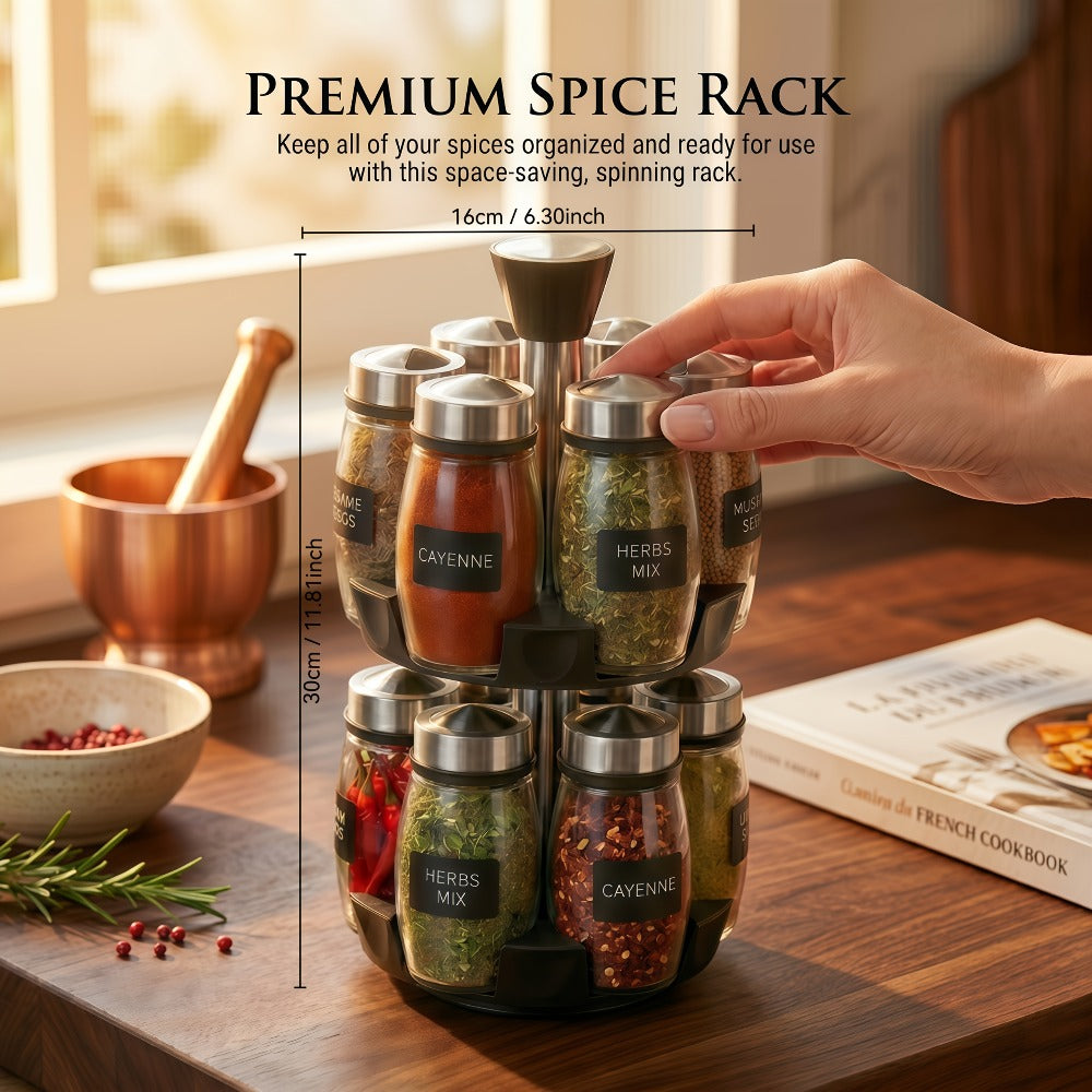 Glass Spice Jar Set with Rotating Rack, Airtight Kitchen Spice Organizer with 360° Stainless Steel Stand