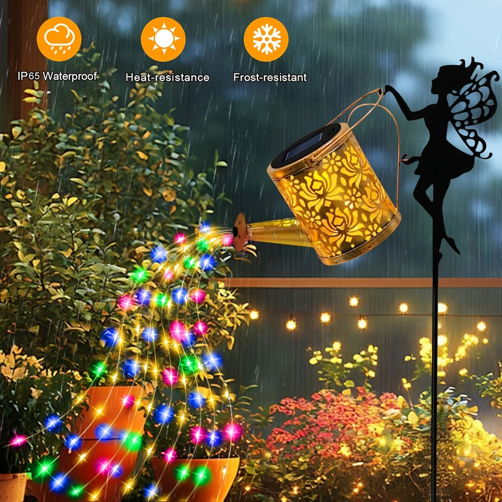 Solar Garden Light Watering Can Stake with 36 LED Waterfall Strands, IP65 Rating and Two Light Options